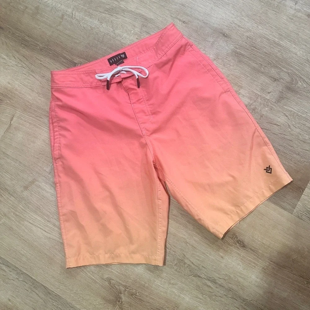 VEECE | Men's Coral Peach Ombre Magic Print Stretch Swim Trunks Board Shorts, 28